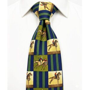 Vtg Structure Silk Tie Horse Racing Kentucky Derby Equestrian Print Green Blue